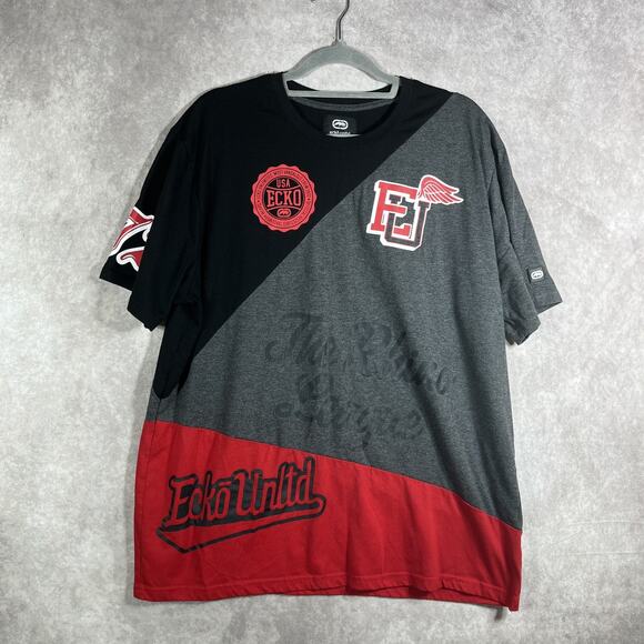 Ecko Unltd Shirt Mens XL Black Gray Red Colorblock Urban Graphic Streetwear 90s - Picture 1 of 9
